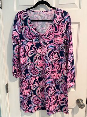 Lilly Pulitzer Pima Cotton Flamingo Paisley Shift Dress Pink Blue Size M